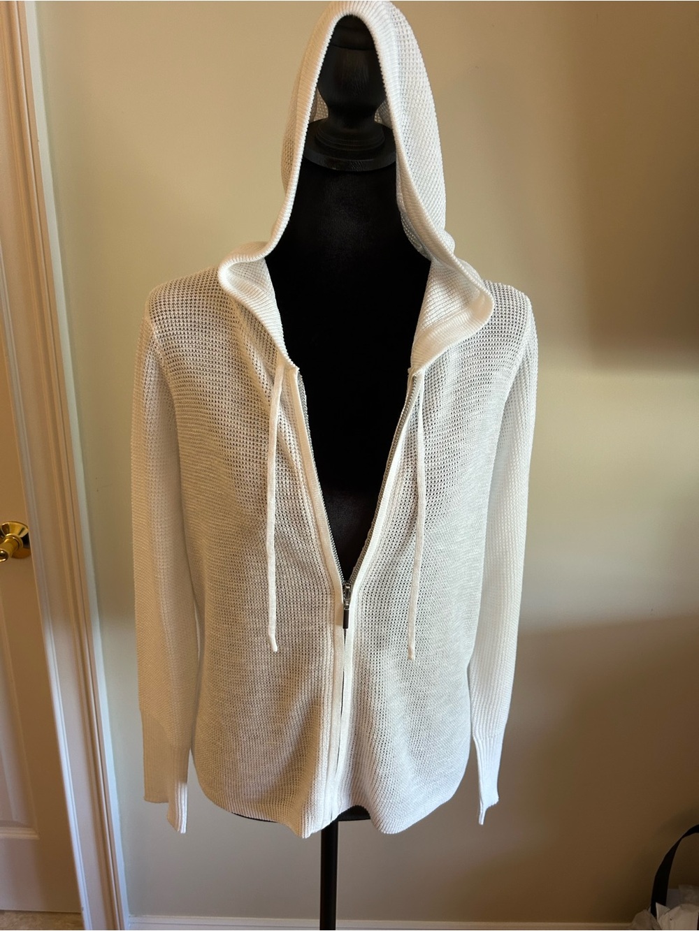 Cyrus Creme Open-Knit Hooded Zip Cardigan
